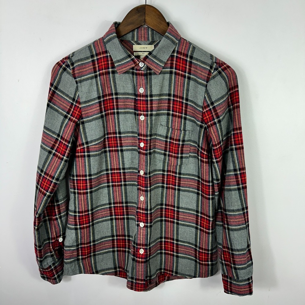 J. Crew Plaid Flannel Button Down Boy Fit 4 Grey Red Tartan Holiday Preppy